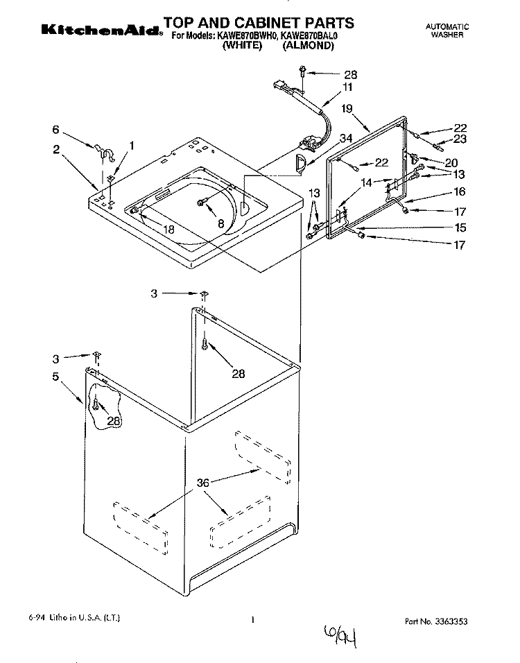 TOP AND CABINET, LIT/OPTIONAL Diagram and Parts List for KAWE870BWH0  KitchenAid Washer