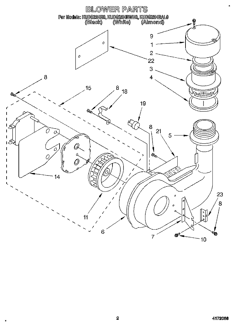 BLOWER Diagram and Parts List for KUDS23HBWH0  KitchenAid Dishwasher