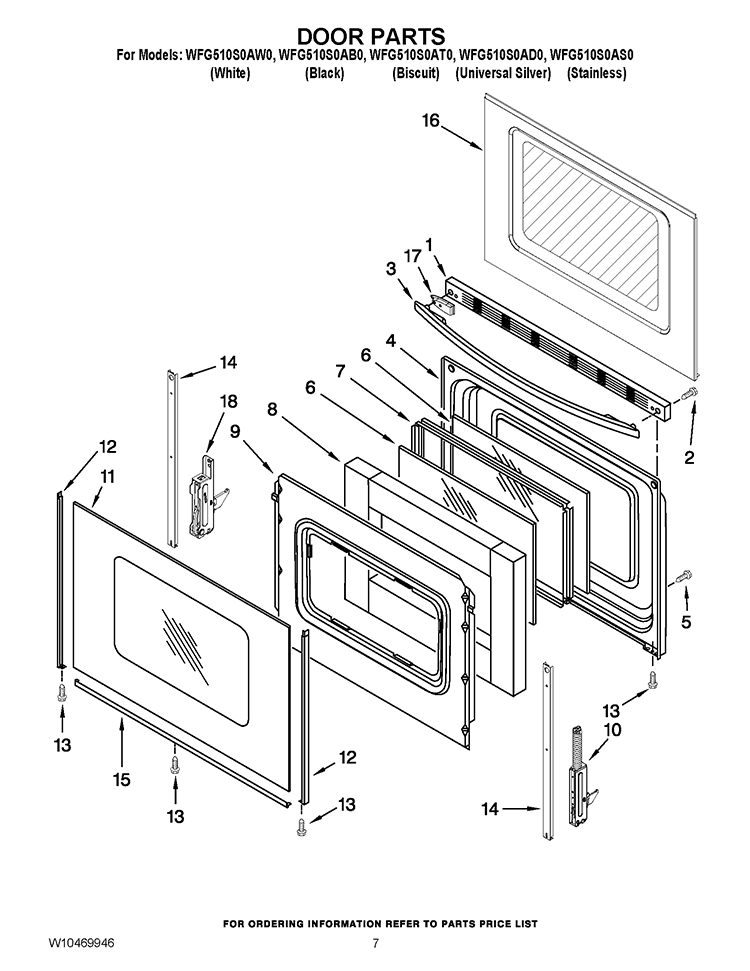 DOOR PARTS Diagram and Parts List for WFG510S0AT0  Whirlpool Range
