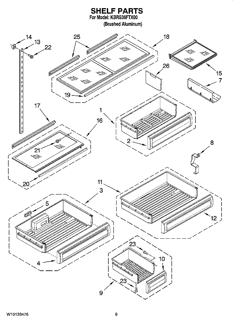 SHELF PARTS Diagram and Parts List for KBRS36FTX00  KitchenAid Refrigerator