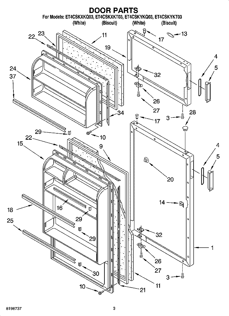 DOOR PARTS Diagram and Parts List for ET4CSKYKQ03  Whirlpool Refrigerator