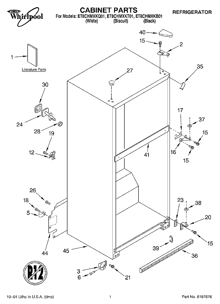CABINET, LITERATURE Diagram and Parts List for ET8CHMXKQ01  Whirlpool Refrigerator