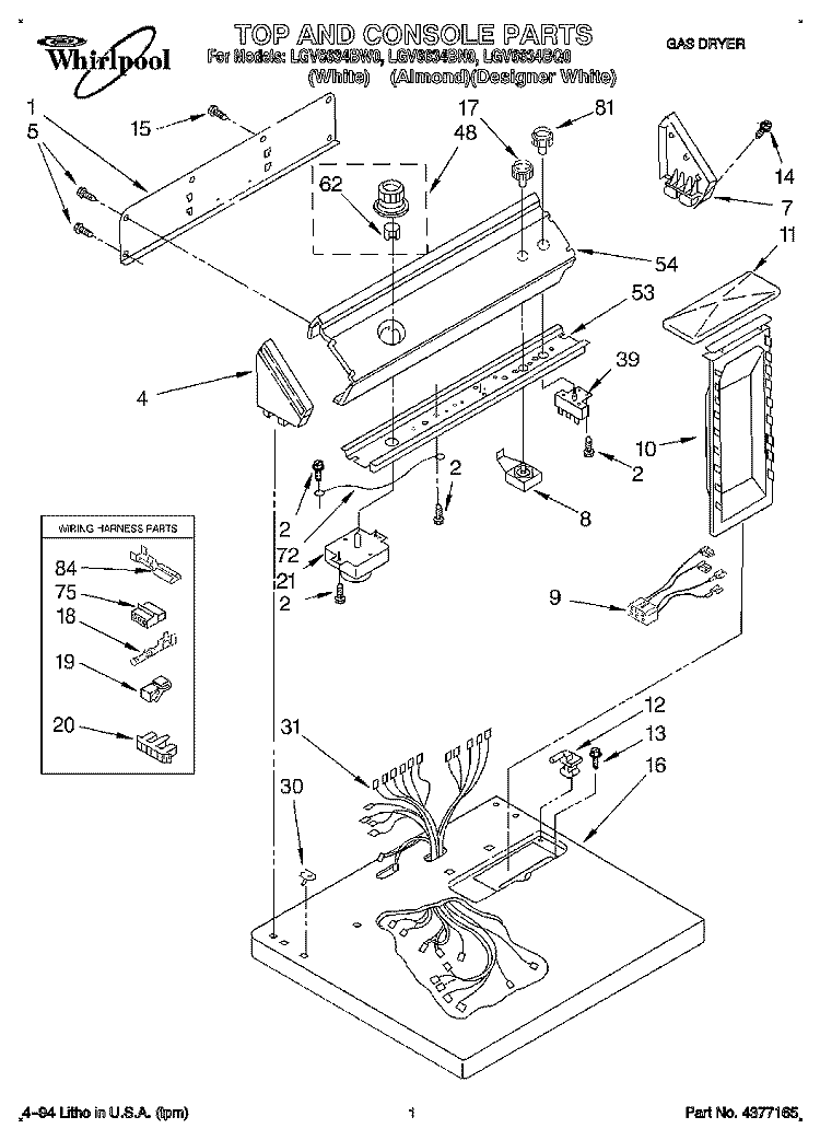 TOP AND CONSOLE, LIT/OPTIONAL Diagram and Parts List for LGV6634BW0  Whirlpool Dryer