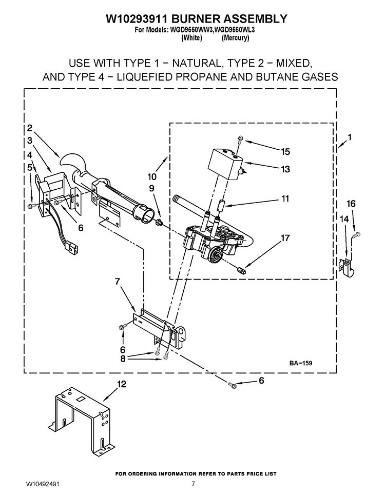 W10293911 BURNER ASSEMBLY Diagram and Parts List for WGD9550WL3  Whirlpool Dryer