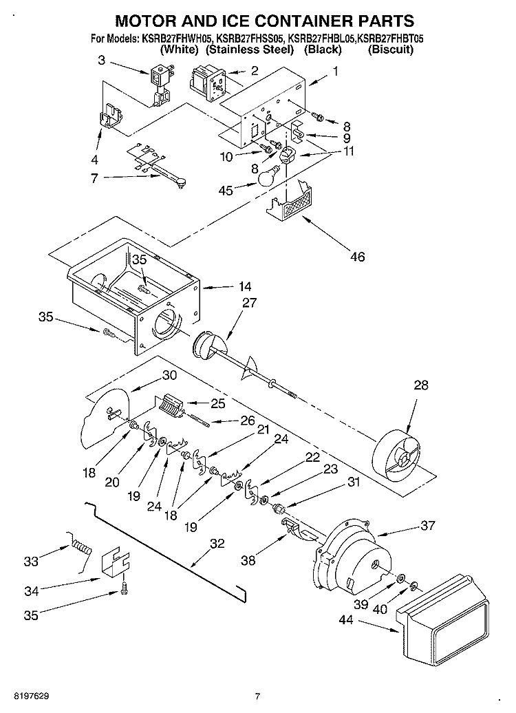 MOTOR AND ICE CONTAINER Diagram and Parts List for KSRB27FHBL05  KitchenAid Refrigerator