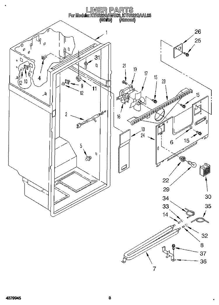 LINER Diagram and Parts List for KTRS22QAWH03  KitchenAid Refrigerator