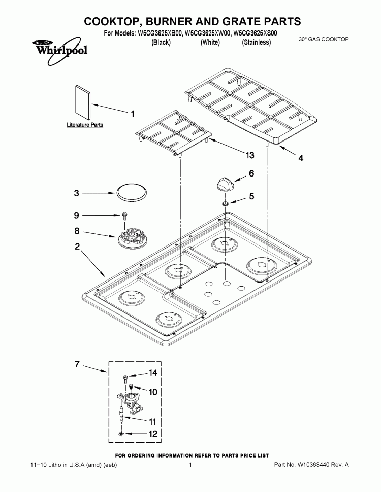 COOKTOP, BURNER AND GRATE PARTS Diagram and Parts List for W5CG3625XB00  Whirlpool Cooktop