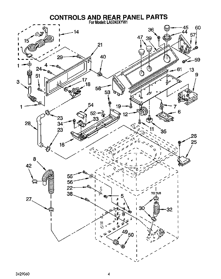 CONTROLS AND REAR PANEL Diagram and Parts List for LA5243XYW1  Whirlpool Washer