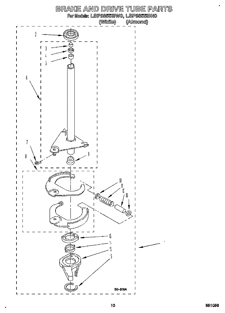 BRAKE AND DRIVE TUBE Diagram and Parts List for LSP9355BW0  Whirlpool Washer