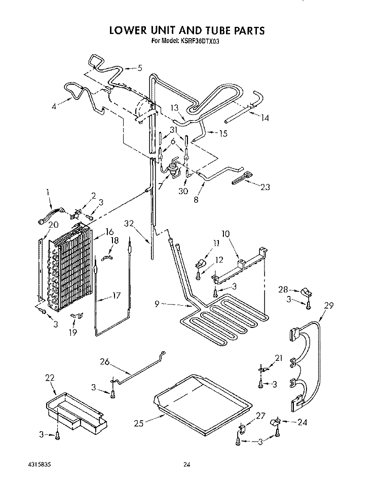 LOWER UNIT AND TUBE Diagram and Parts List for KSRF36DTX03  KitchenAid Refrigerator