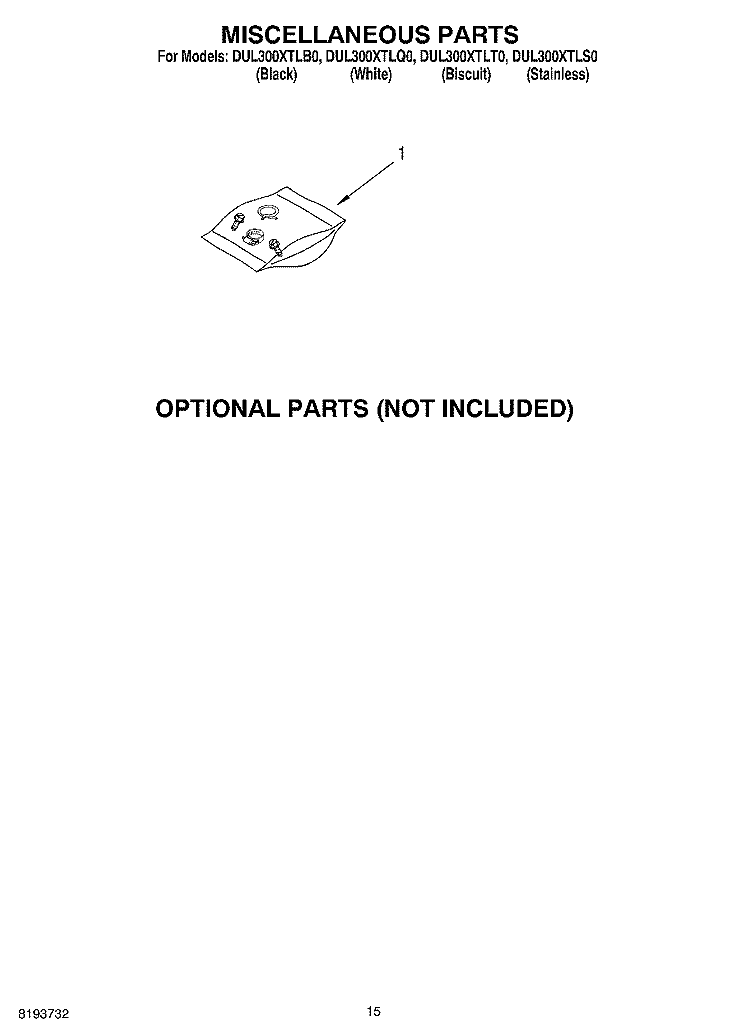 MISCELLANEOUS, OPTIONAL Diagram and Parts List for DUL300XLTQ0  Whirlpool Dishwasher