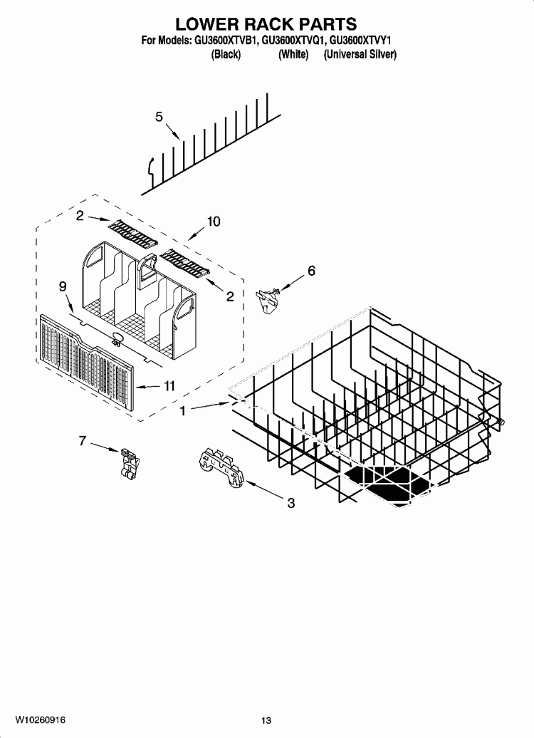 LOWER RACK PARTS Diagram and Parts List for GU3600XTVQ1  Whirlpool Dishwasher