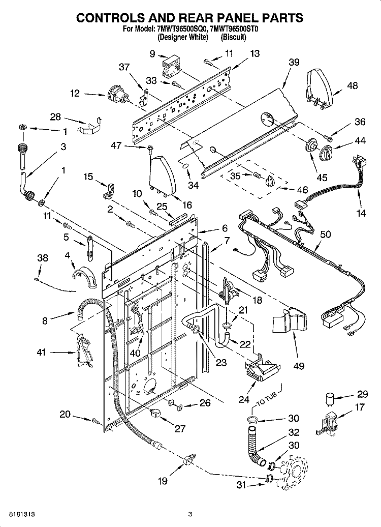 CONTROLS AND REAR PANEL PARTS Diagram and Parts List for 7MWT96500SQ0  Whirlpool Washer