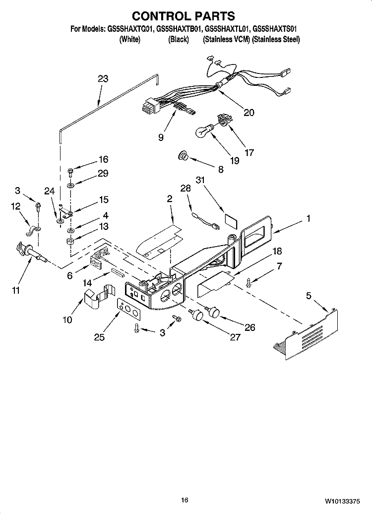CONTROL PARTS Diagram and Parts List for GS5SHAXTL01  Whirlpool Refrigerator