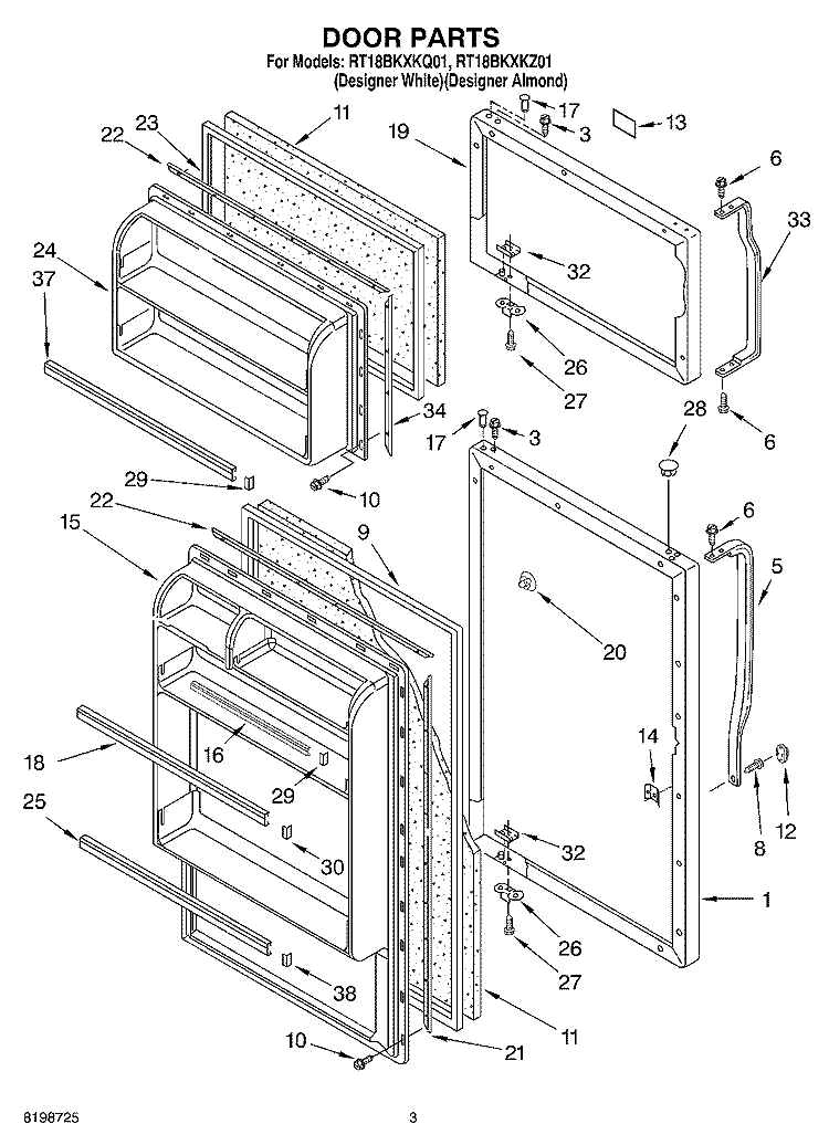 DOOR PARTS Diagram and Parts List for RT18BKXKQ01  Roper Refrigerator