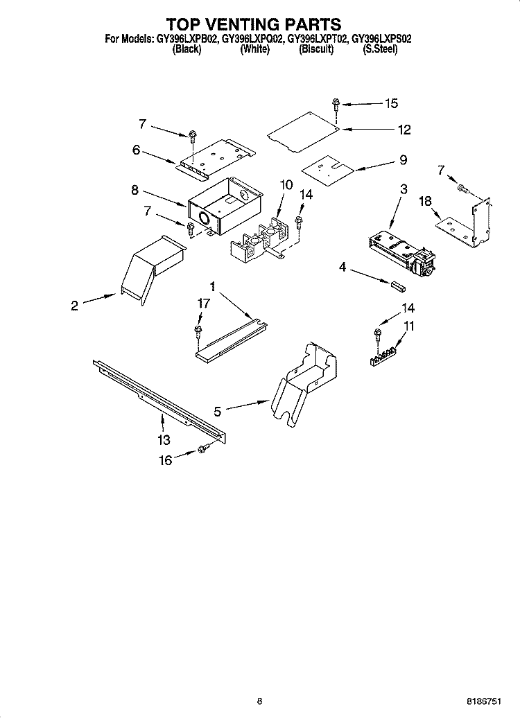 TOP VENTING PARTS, OPTIONAL PARTS Diagram and Parts List for GY396LXPB02  Whirlpool Range