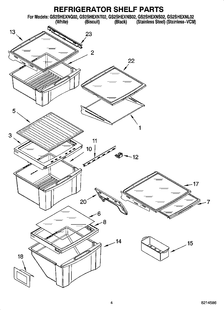 REFRIGERATOR SHELF PARTS Diagram and Parts List for GS2SHEXNT02  Whirlpool Refrigerator