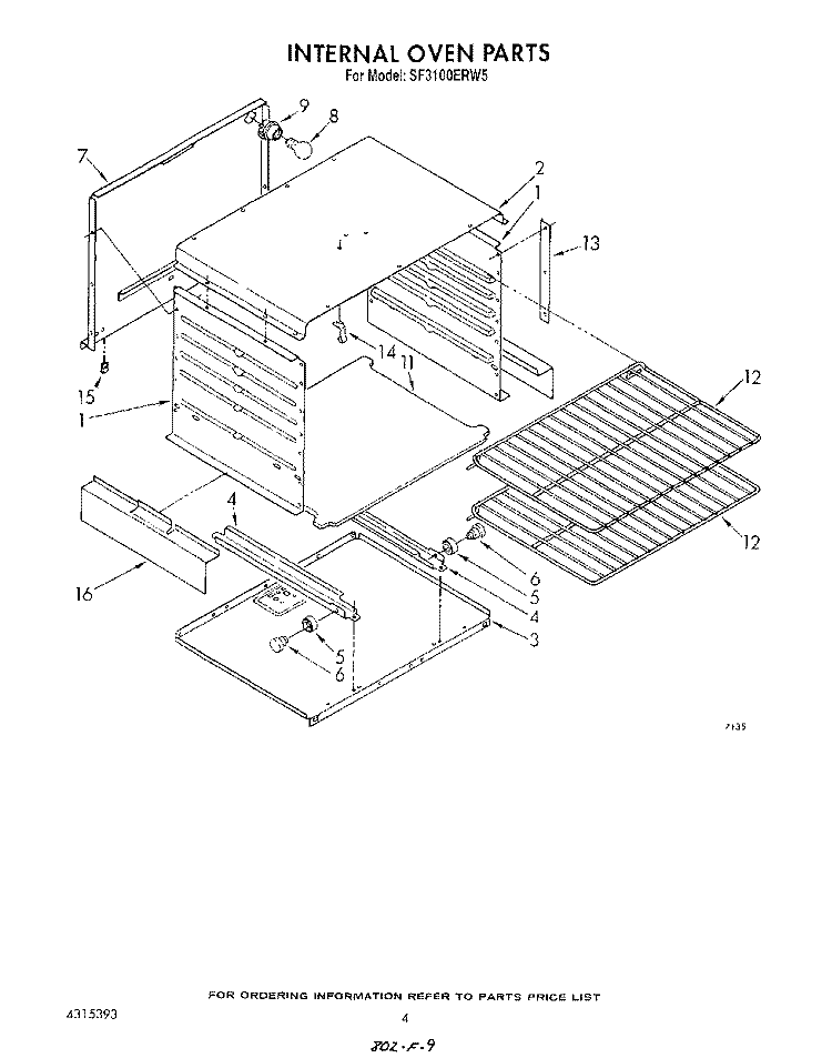 INTERNAL OVEN Diagram and Parts List for SF3100ERW5  Whirlpool Range