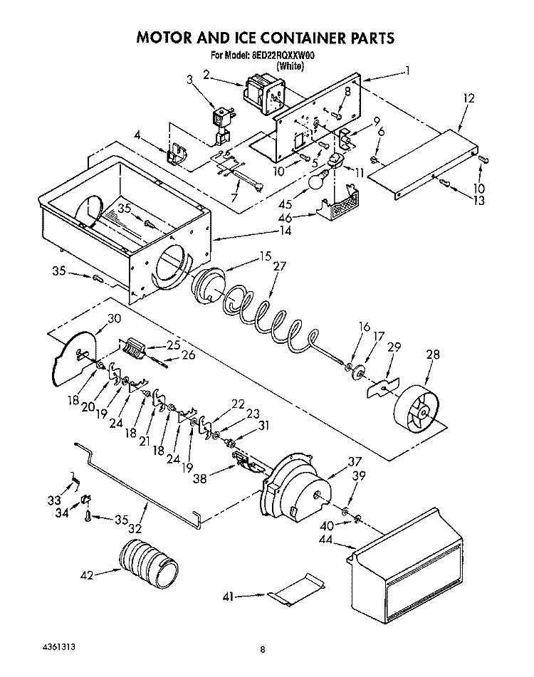 MOTOR AND ICE CONTAINER Diagram and Parts List for 8ED22RQXXW00  Whirlpool Refrigerator