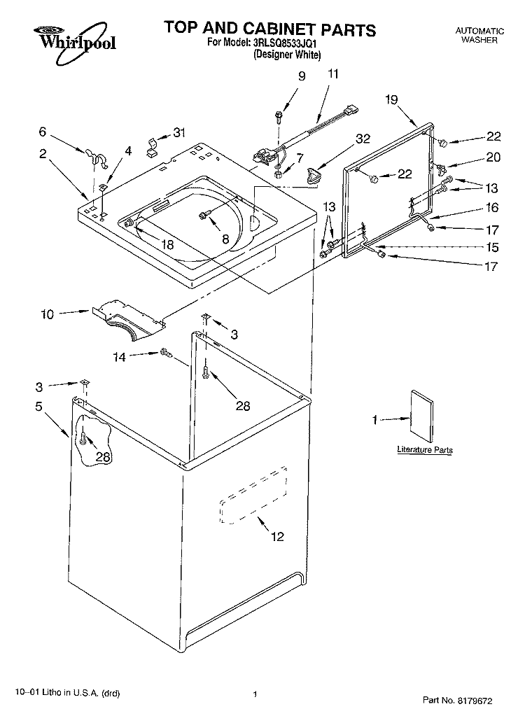 TOP AND CABINET, LITERATURE Diagram and Parts List for 3RLSQ8533JQ1  Whirlpool Washer