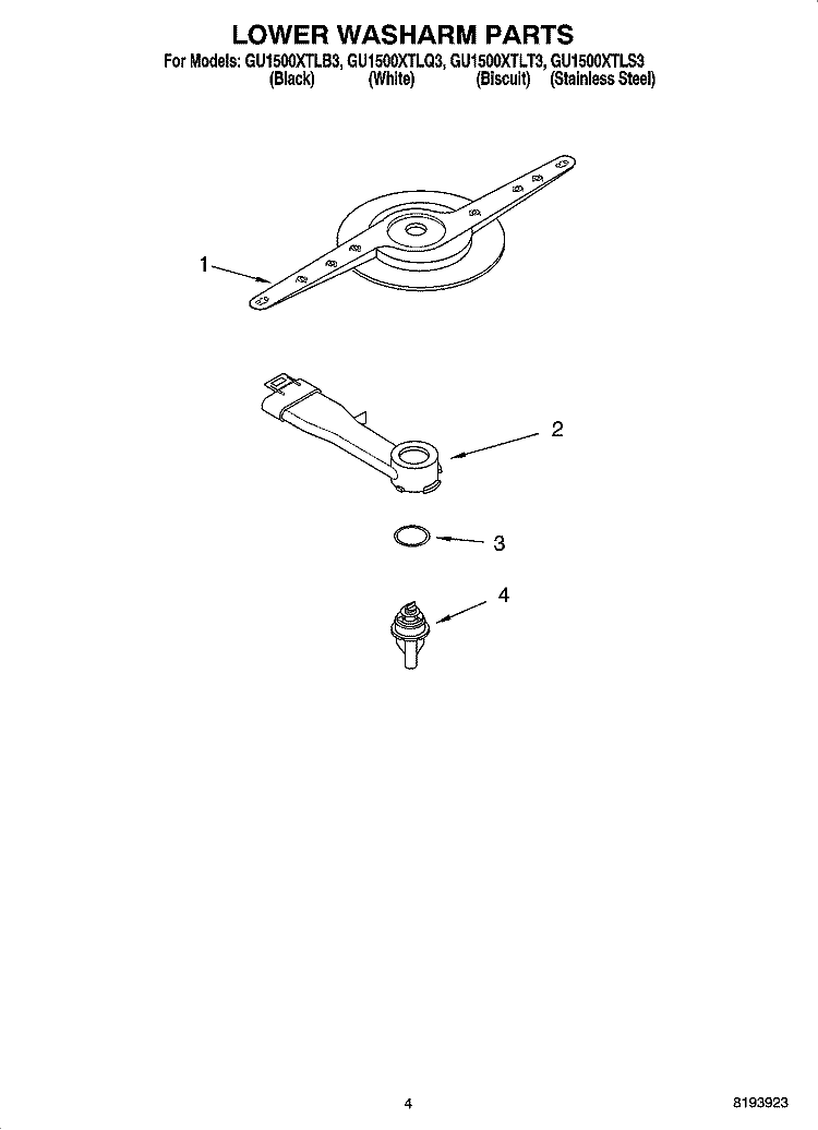 LOWER WASHARM PARTS Diagram and Parts List for GU1500XTLQ3  Whirlpool Dishwasher