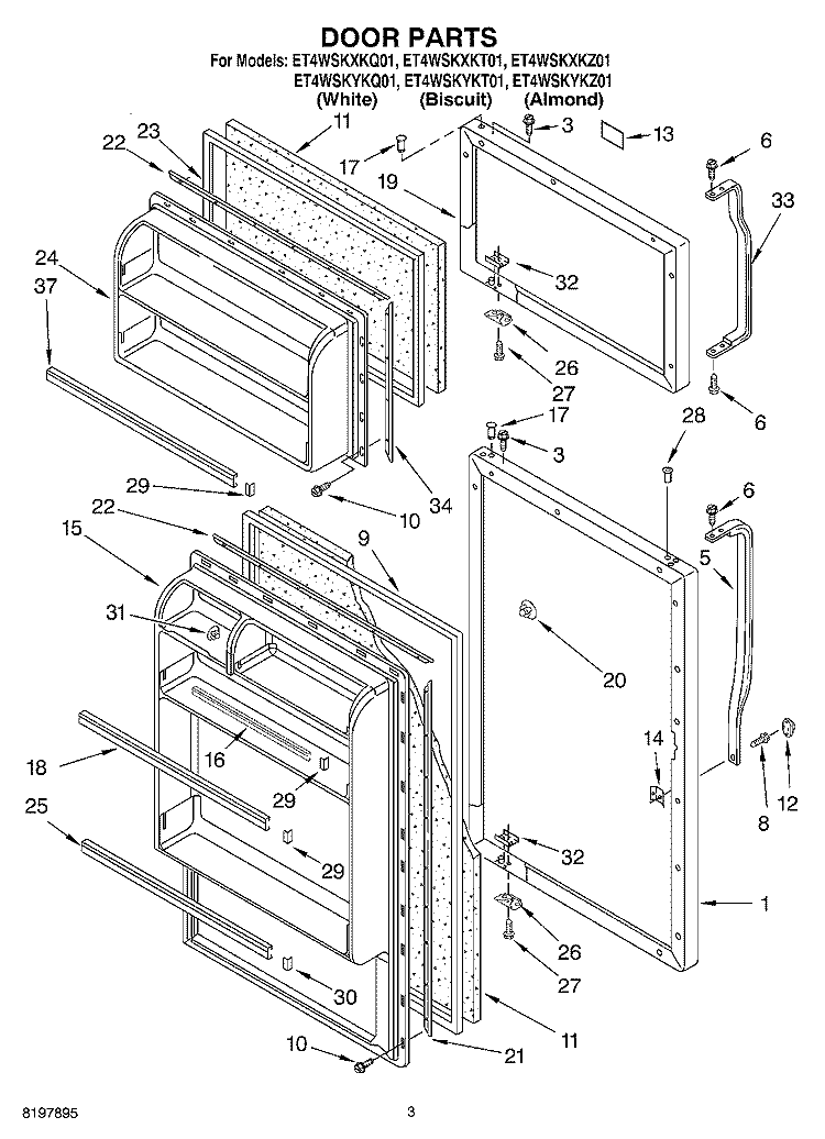 DOOR Diagram and Parts List for ET4WSKXKT01  Whirlpool Refrigerator