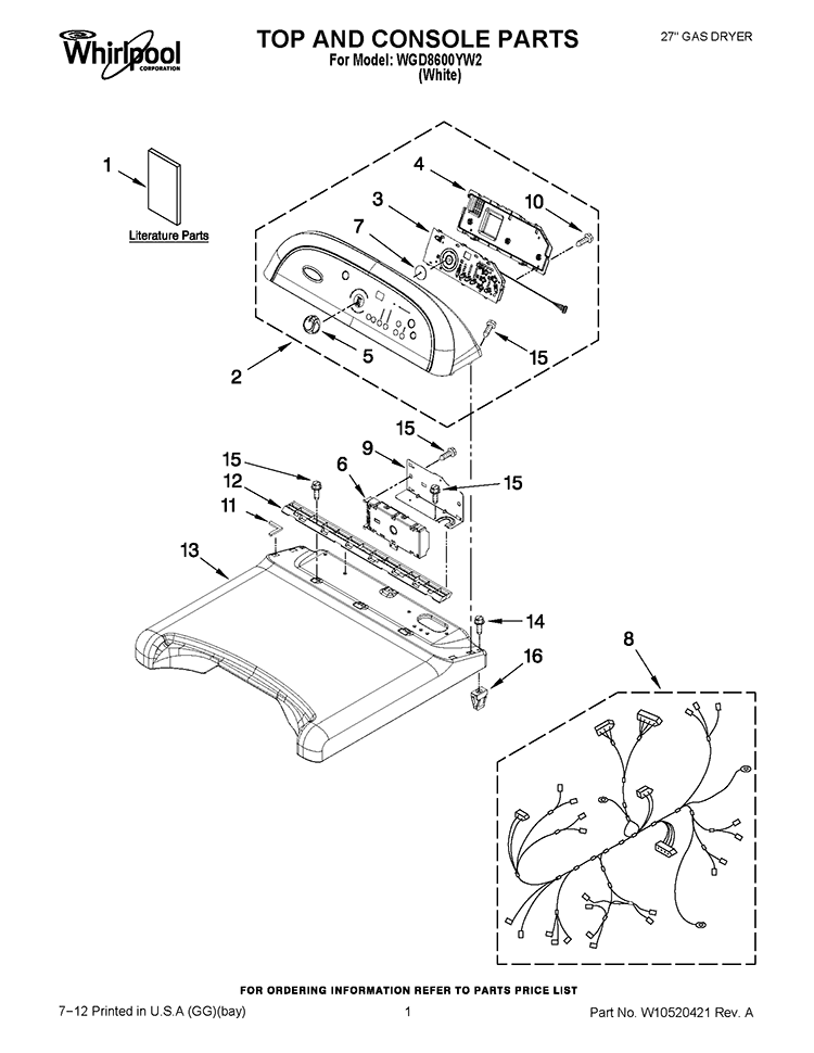 TOP AND CONSOLE PARTS Diagram and Parts List for WGD8600YW2  Whirlpool Dryer