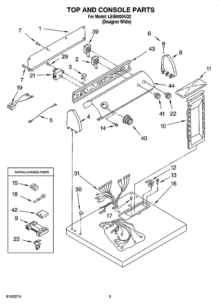 TOP AND CONSOLE PARTS Diagram and Parts List for LEB6000KQ2  Whirlpool Dryer