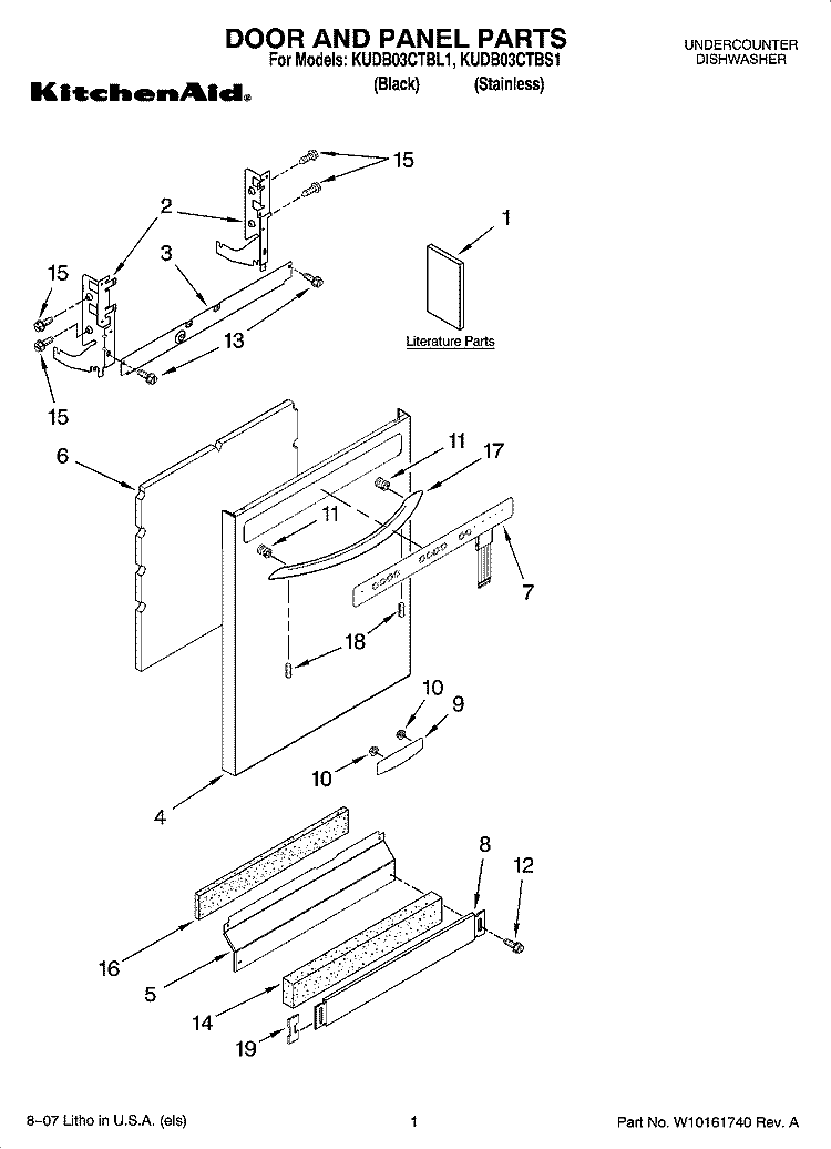 DOOR AND PANEL PARTS Diagram and Parts List for KUDB03CTBL1  KitchenAid Dishwasher