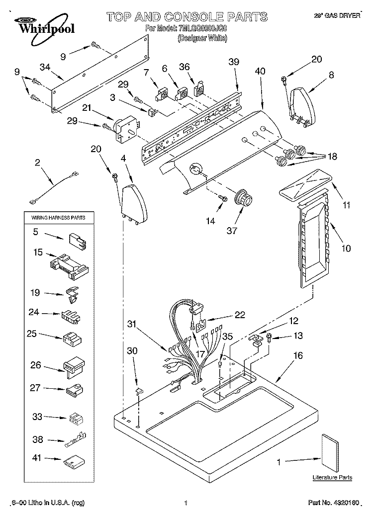 TOP AND CABINET, LITERATURE Diagram and Parts List for 7MLGQ8000JQ0  Whirlpool Dryer