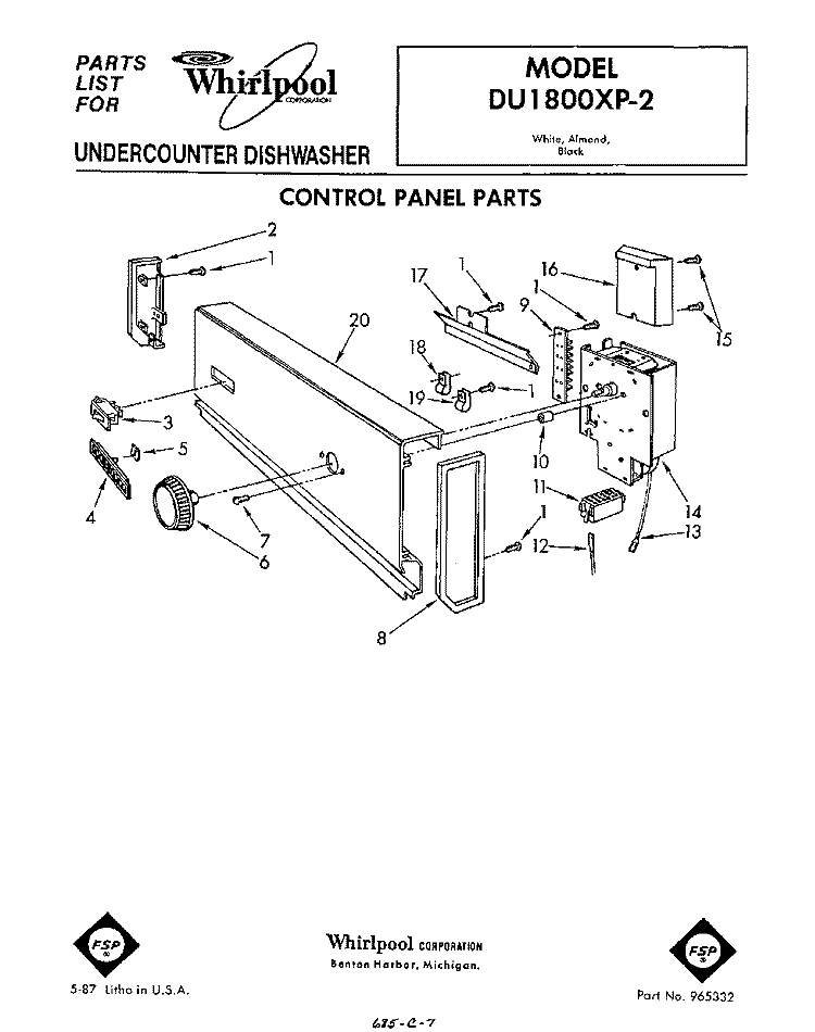 CONTROL PANEL Diagram and Parts List for DU1800XP2  Whirlpool Dishwasher