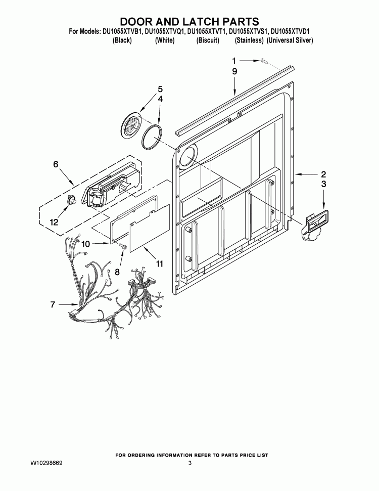 DOOR AND LATCH PARTS Diagram and Parts List for DU1055XTVB1  Whirlpool Dishwasher