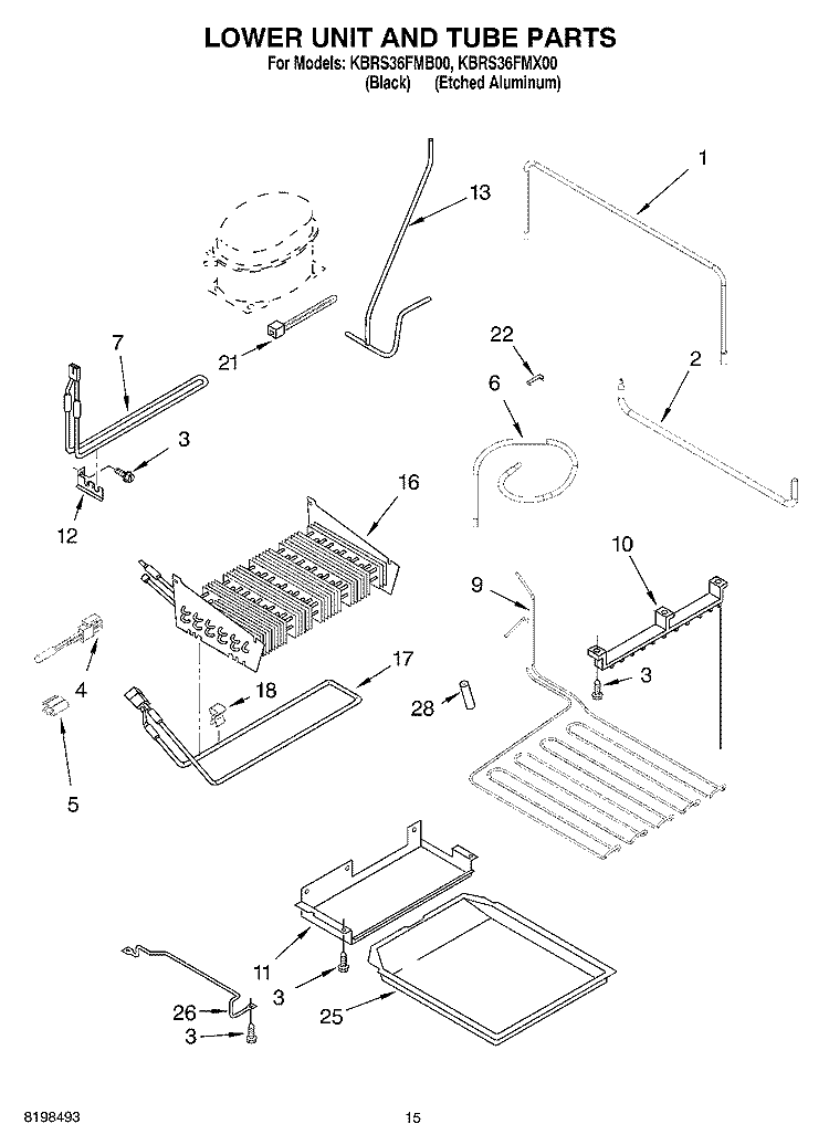LOWER UNIT AND TUBE PARTS Diagram and Parts List for KBRS36FMB00  KitchenAid Refrigerator