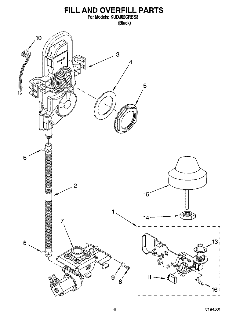 FILL AND OVERFILL PARTS Diagram and Parts List for KUDJ02CRBS3  KitchenAid Dishwasher