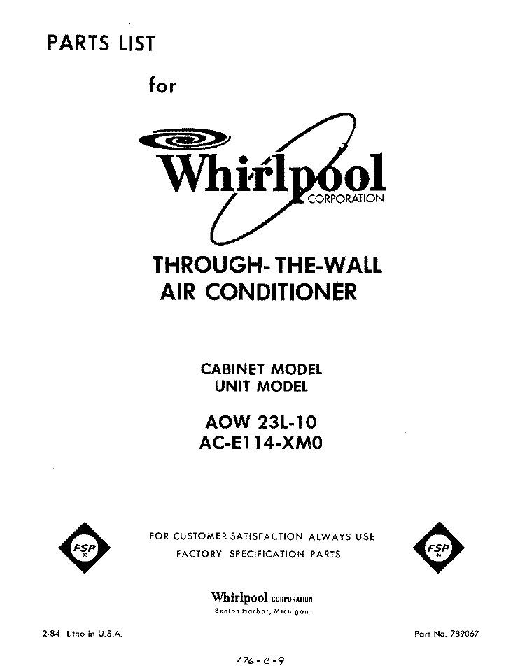 COVER Diagram and Parts List for ACE114XM0  Whirlpool Air Conditioner