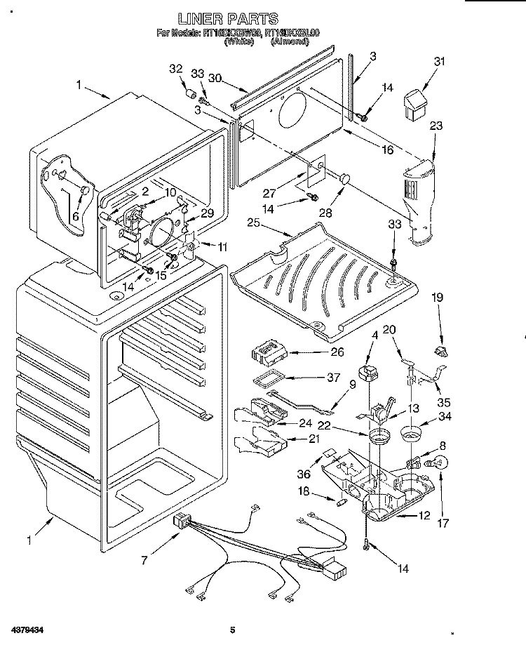 LINER Diagram and Parts List for RT16DKXBW00  Roper Refrigerator
