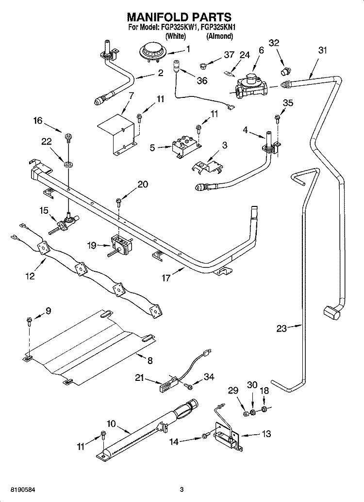 MANIFOLD PARTS Diagram and Parts List for FGP325KN1  Roper Range
