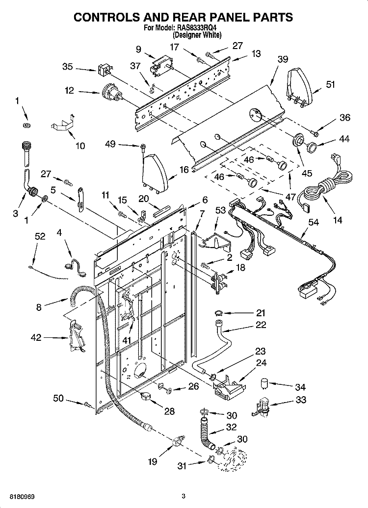 CONTROLS AND REAR PANEL PARTS Diagram and Parts List for RAS8333RQ4  Roper Washer