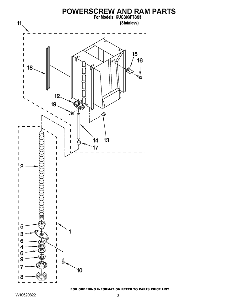 POWERSCREW AND RAM PARTS Diagram and Parts List for KUCS03FTSS3  KitchenAid Trash Compactor