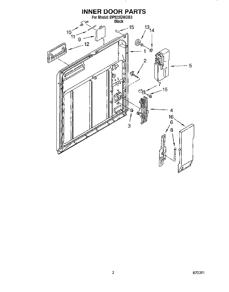 INNER DOOR Diagram and Parts List for DP920QWDB3  Whirlpool Dishwasher