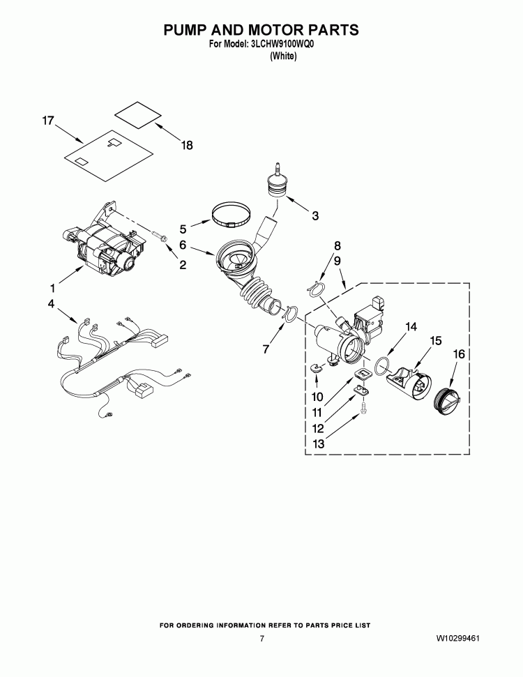 PUMP AND MOTOR PARTS Diagram and Parts List for 3LCHW9100WQ0  Whirlpool Washer