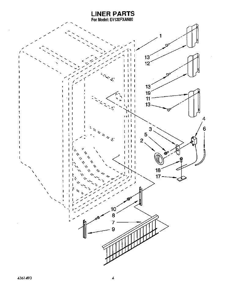LINER, LIT/OPTIONAL Diagram and Parts List for EV120FXAN00  Whirlpool Freezer