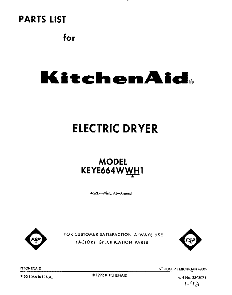 SECTION Diagram and Parts List for KEYE664WAL1  KitchenAid Dryer