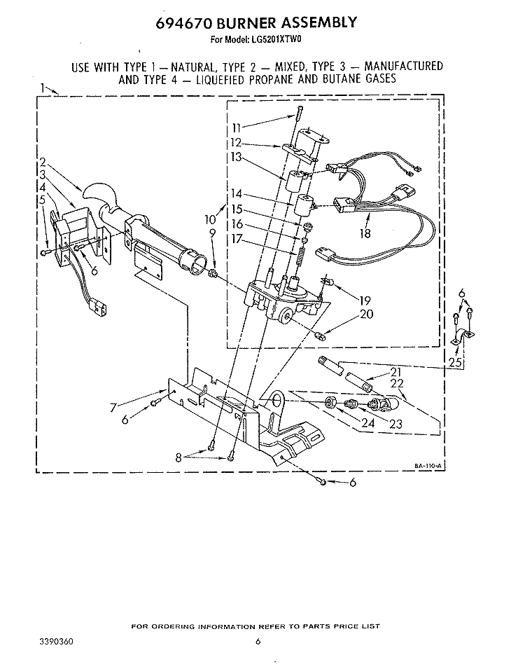 BURNER Diagram and Parts List for LG5201XTW0  Whirlpool Dryer