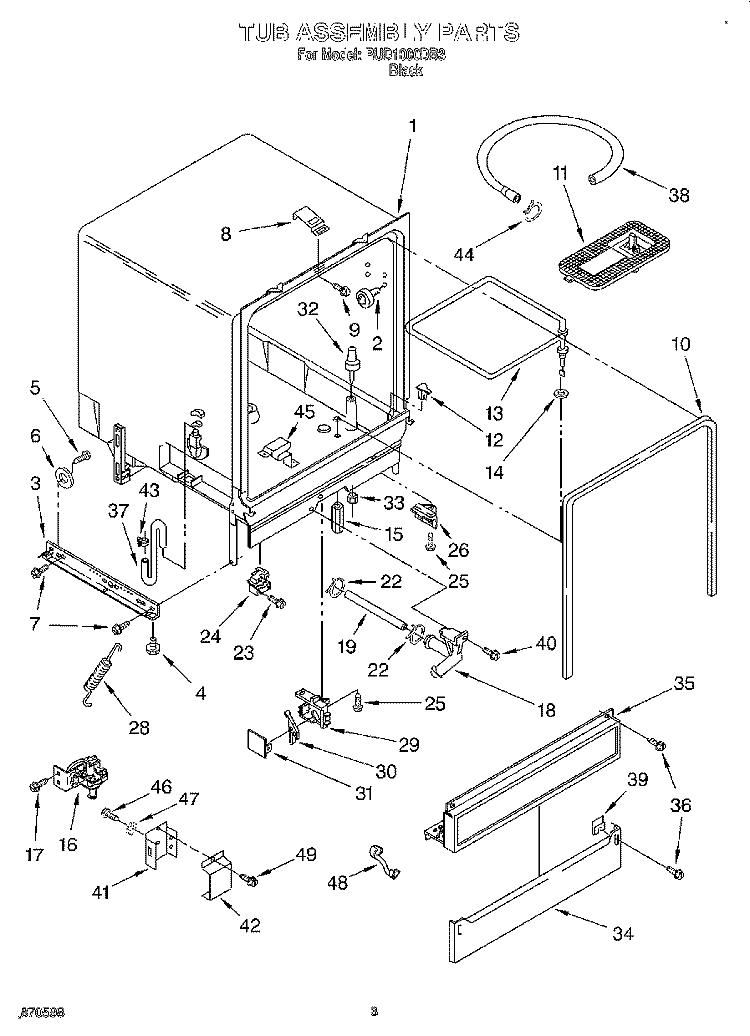 TUB ASSEMBLY Diagram and Parts List for RUD1000DB3  Roper Dishwasher