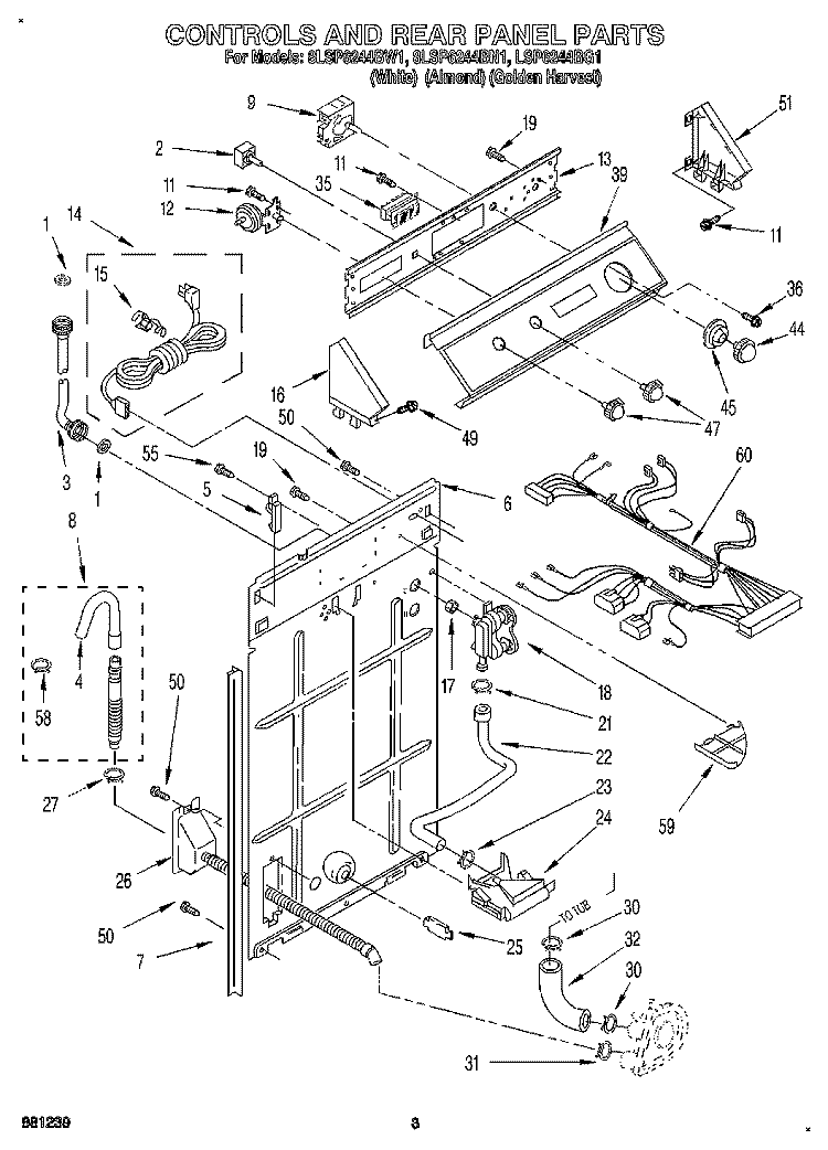 CONTROLS AND REAR PANEL Diagram and Parts List for 8LSP6244BG1  Whirlpool Washer