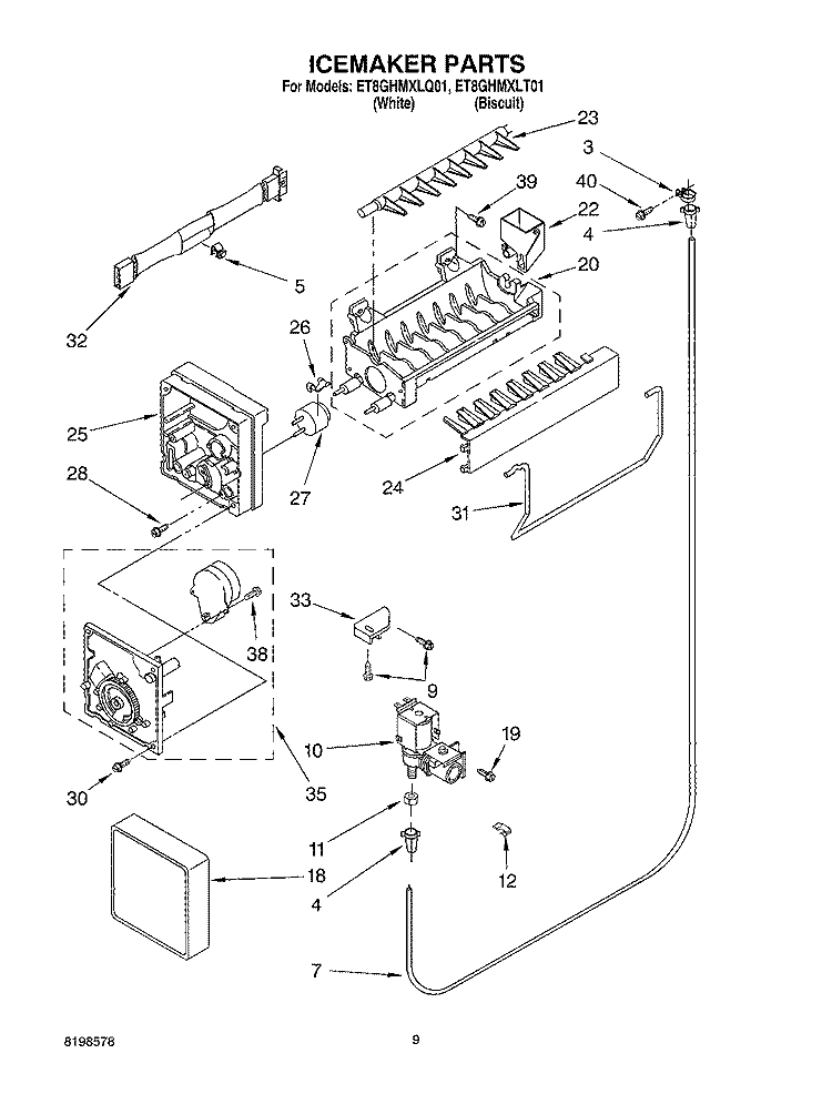 ICEMAKER PARTS Diagram and Parts List for ET8GHMXLT01  Whirlpool Refrigerator