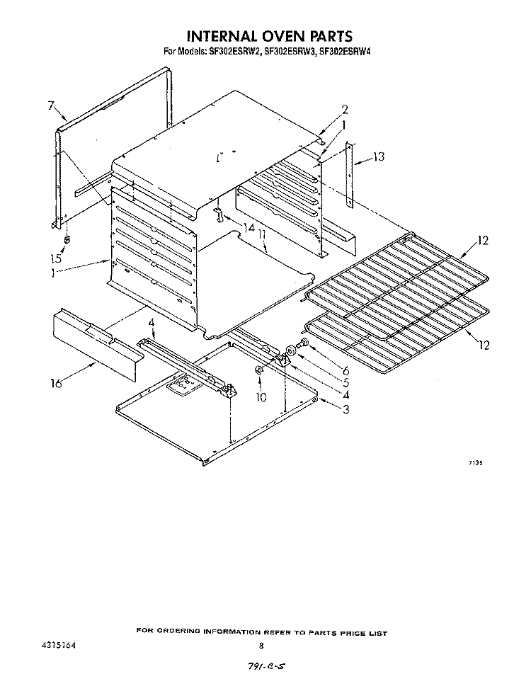 INTERNAL OVEN Diagram and Parts List for SF302ESRW2  Whirlpool Range