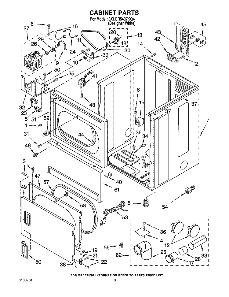 CABINET PARTS Diagram and Parts List for 3XLGR5437KQ4  Whirlpool Dryer