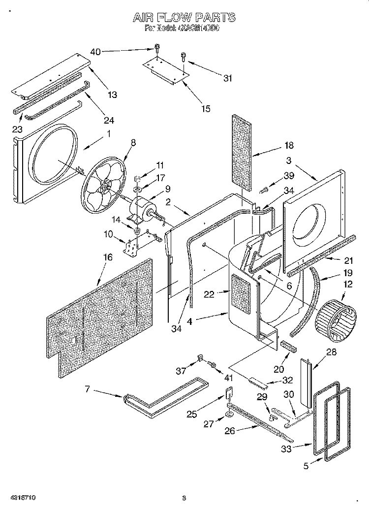 AIR FLOW Diagram and Parts List for 4XACM14DD0  Whirlpool Air Conditioner